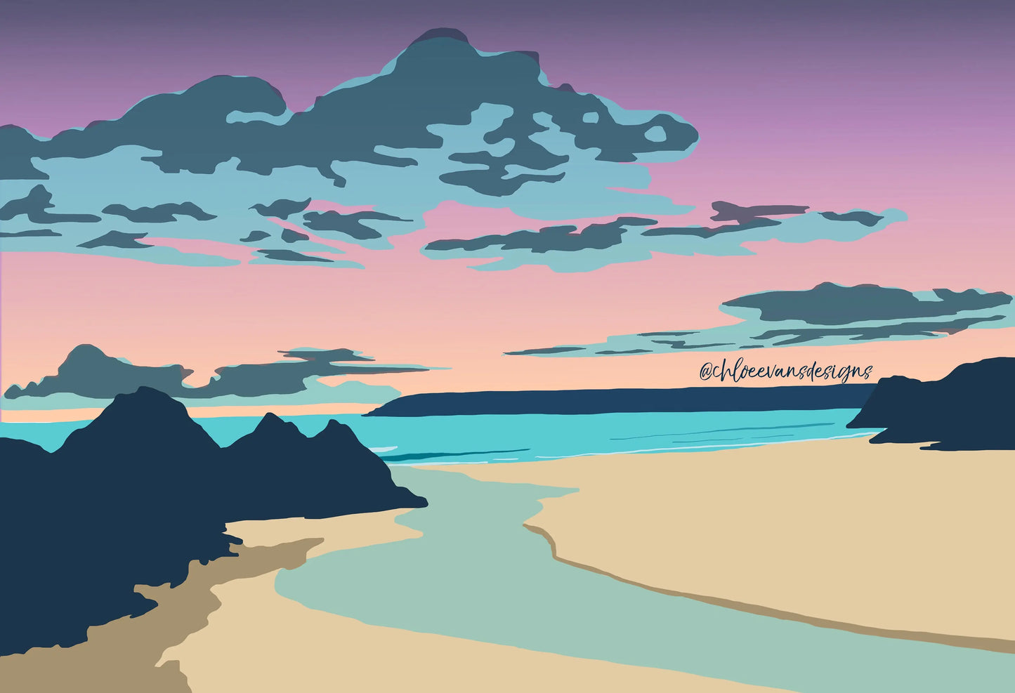 Purple, brown and blue digital illustration of sunset at Three Cliffs Bay, Gower