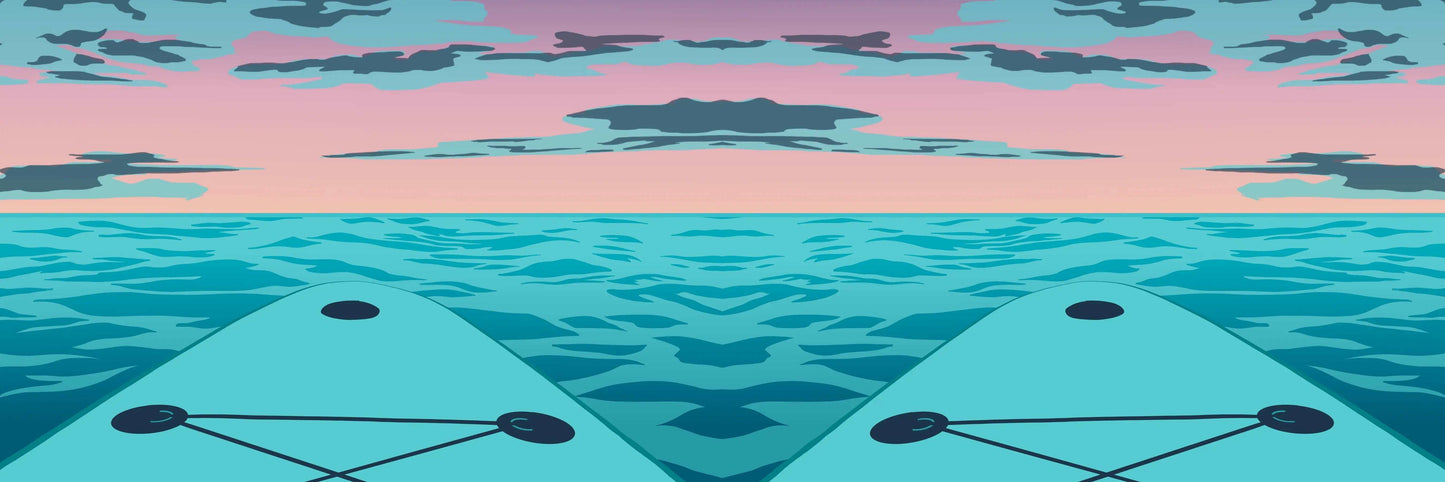 A digital illustration of a blue paddleboard nose on the sea, with a pink and orange sunset and blue clouds on the horizon. The design has been mirrored, showing two paddleboards.