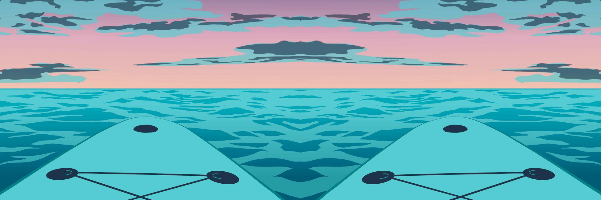 A digital illustration of a blue paddleboard nose on the sea, with a pink and orange sunset and blue clouds on the horizon. The design has been mirrored, showing two paddleboards.