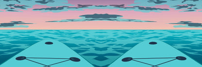 A digital illustration of a blue paddleboard nose on the sea, with a pink and orange sunset and blue clouds on the horizon. The design has been mirrored, showing two paddleboards.