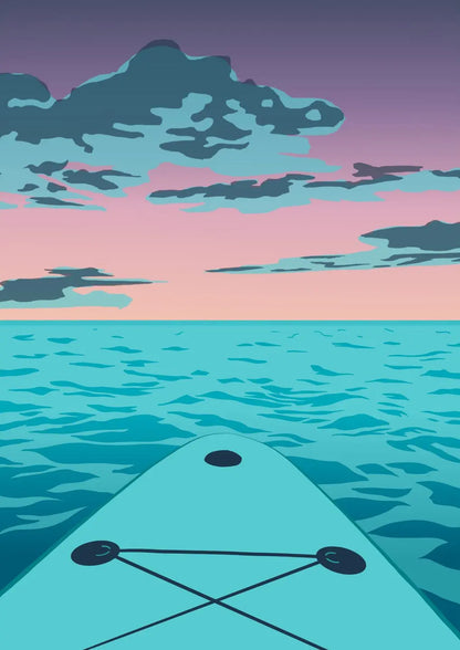 A purple, pink and blue illustration of a sunset over the ocean, with the end of a paddleboard in view in the foreground.