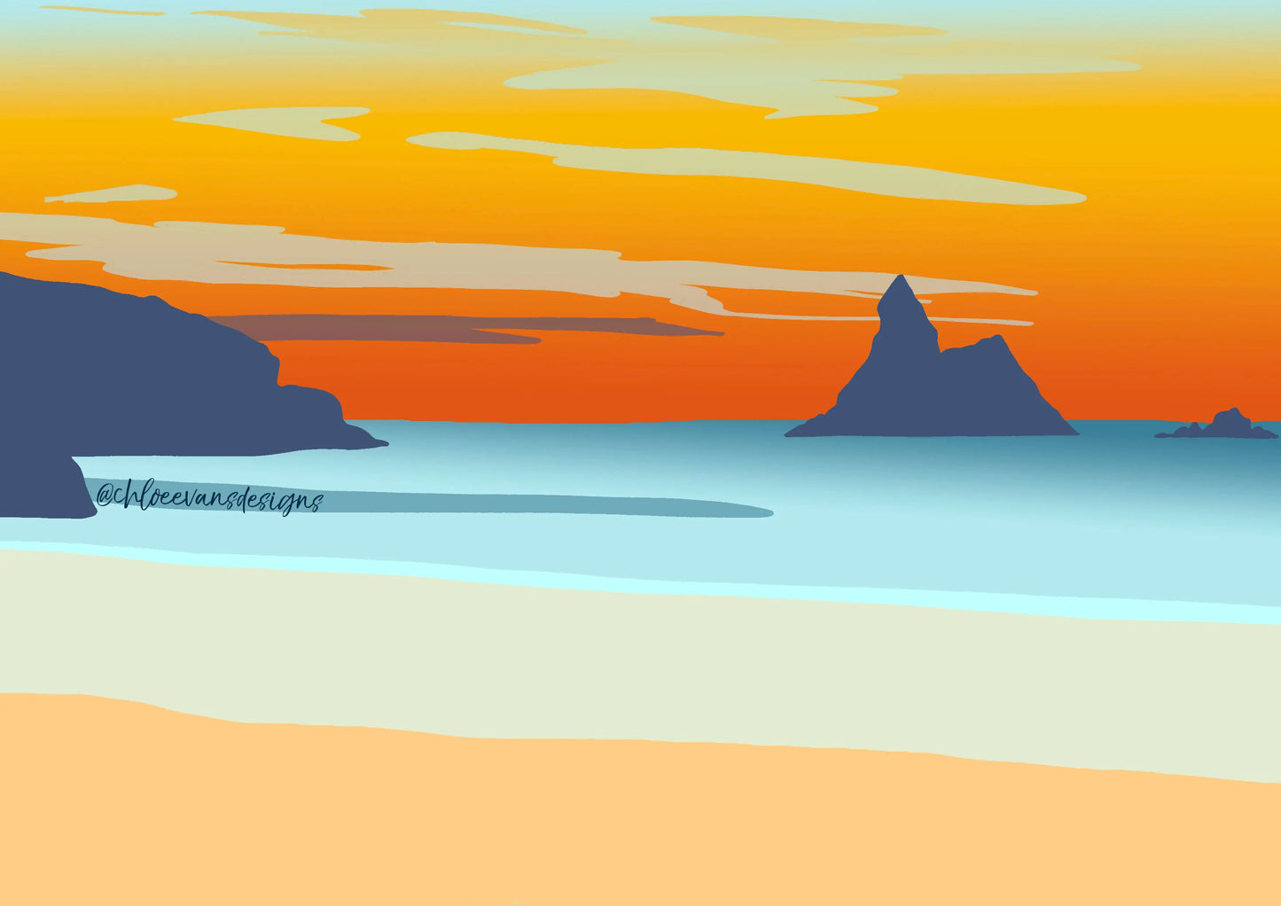 Orange and blue digital illustration of Broad Haven South beach sunset