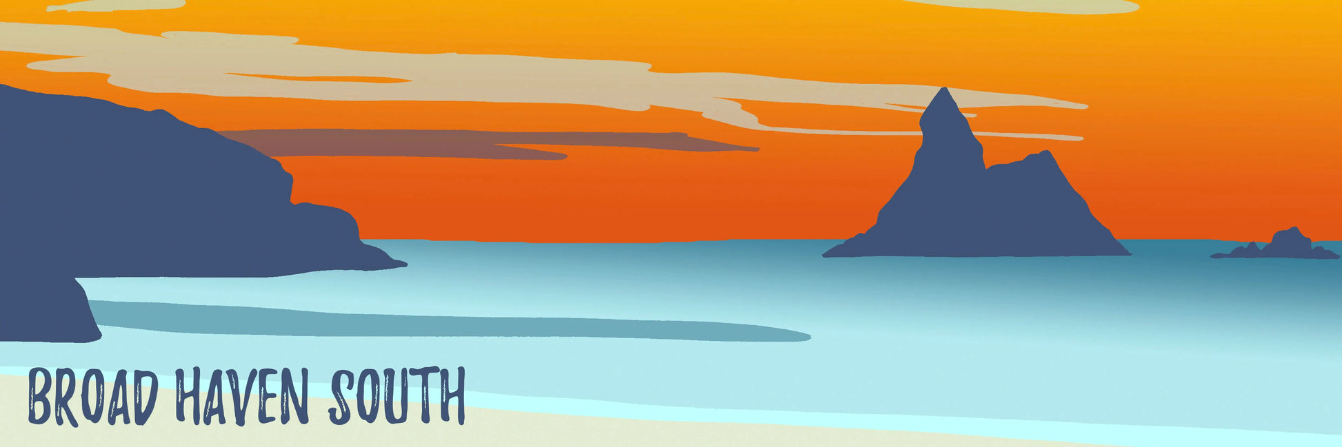 An orange and blue digital illustration of Church Rock at Broad Haven South beach at sunset.