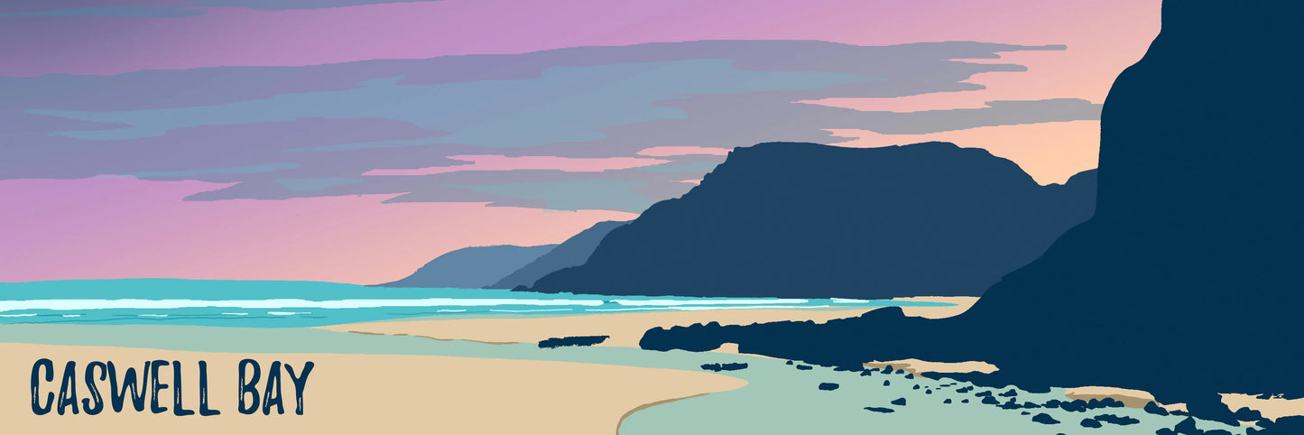 A pink, orange and blue digital illustration of Caswell beach at sunset, with the phrase 'Caswell Bay' in the bottom left corner..