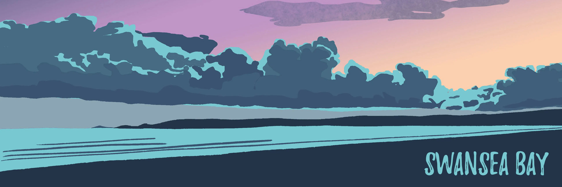 A purple, orange and blue digital illustration of Swansea bay at sunset.