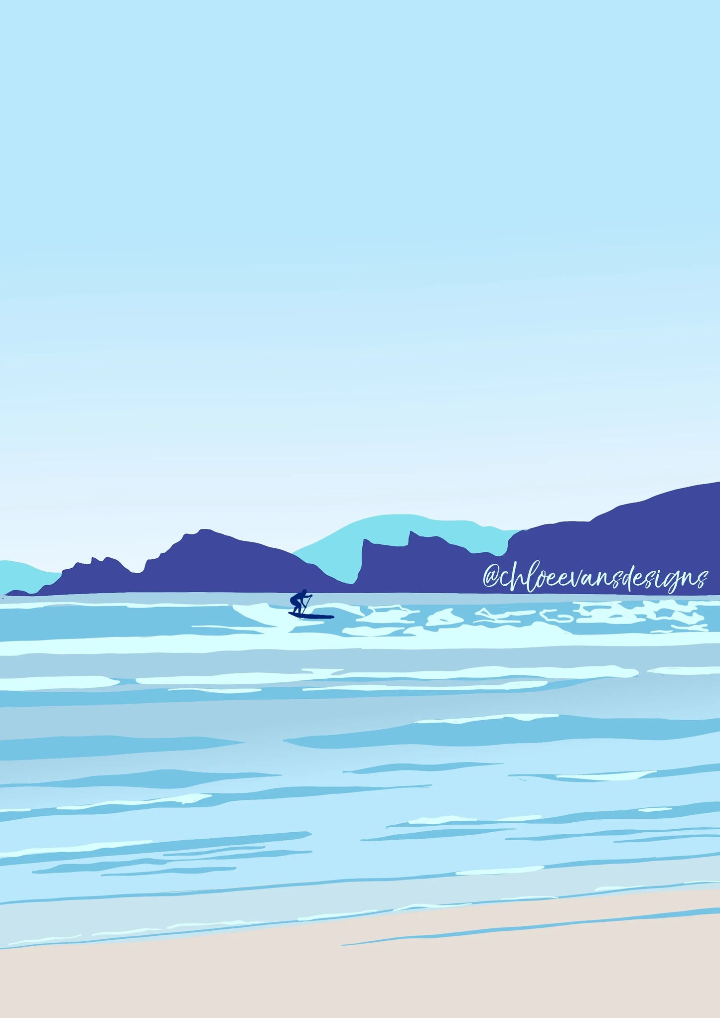 A blue and turquoise illustration of a paddle boarder surfing, with impressive cliffs and coastline in the background