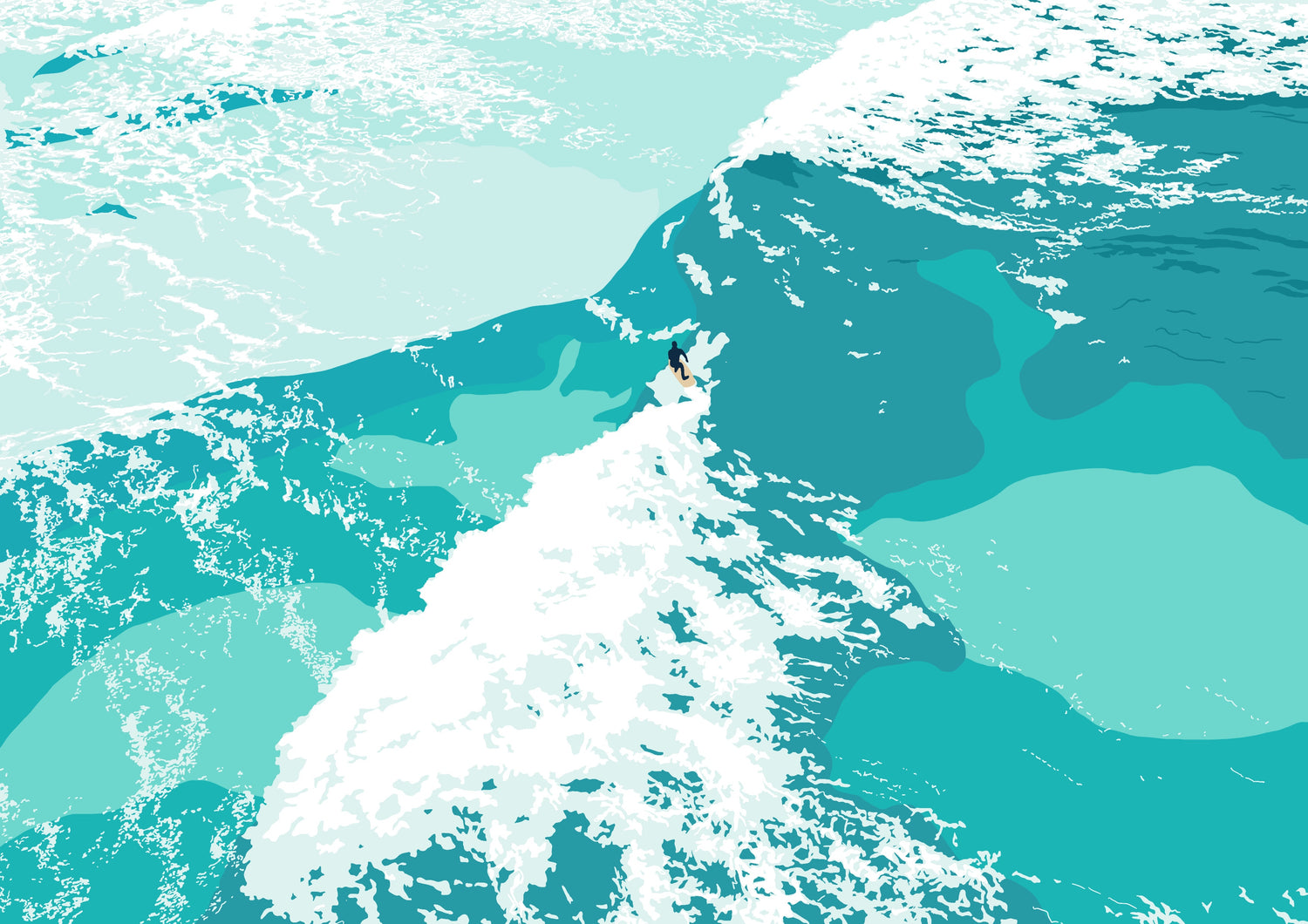 Blue illustration of a lone surfer from above