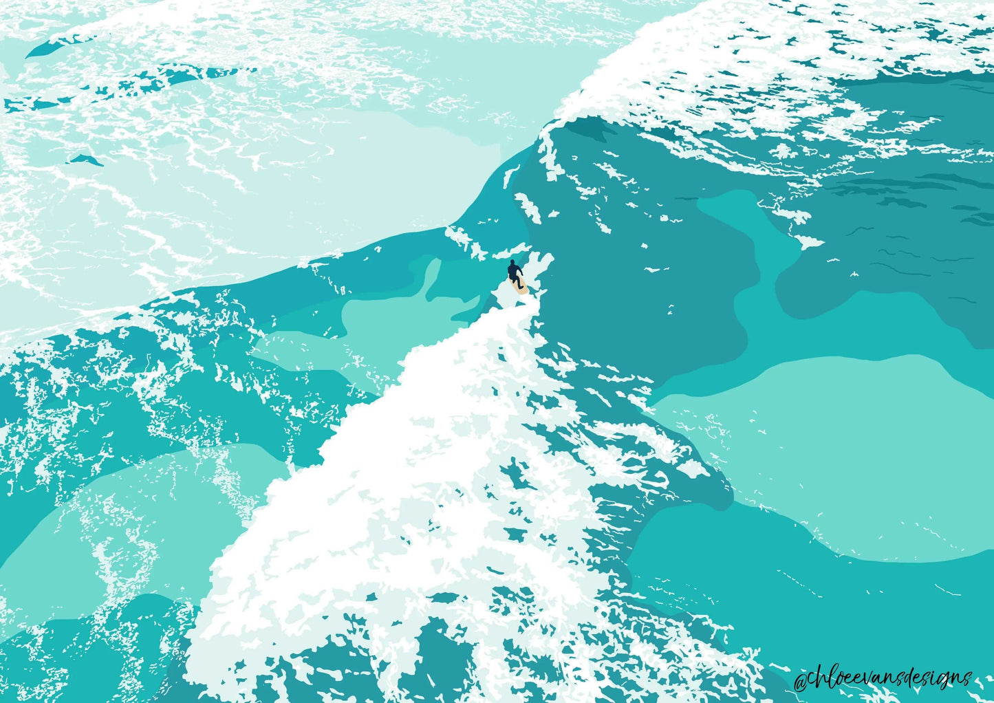 An detailed illustration of a lone surfer surrounded by turquoise waves and white watrr