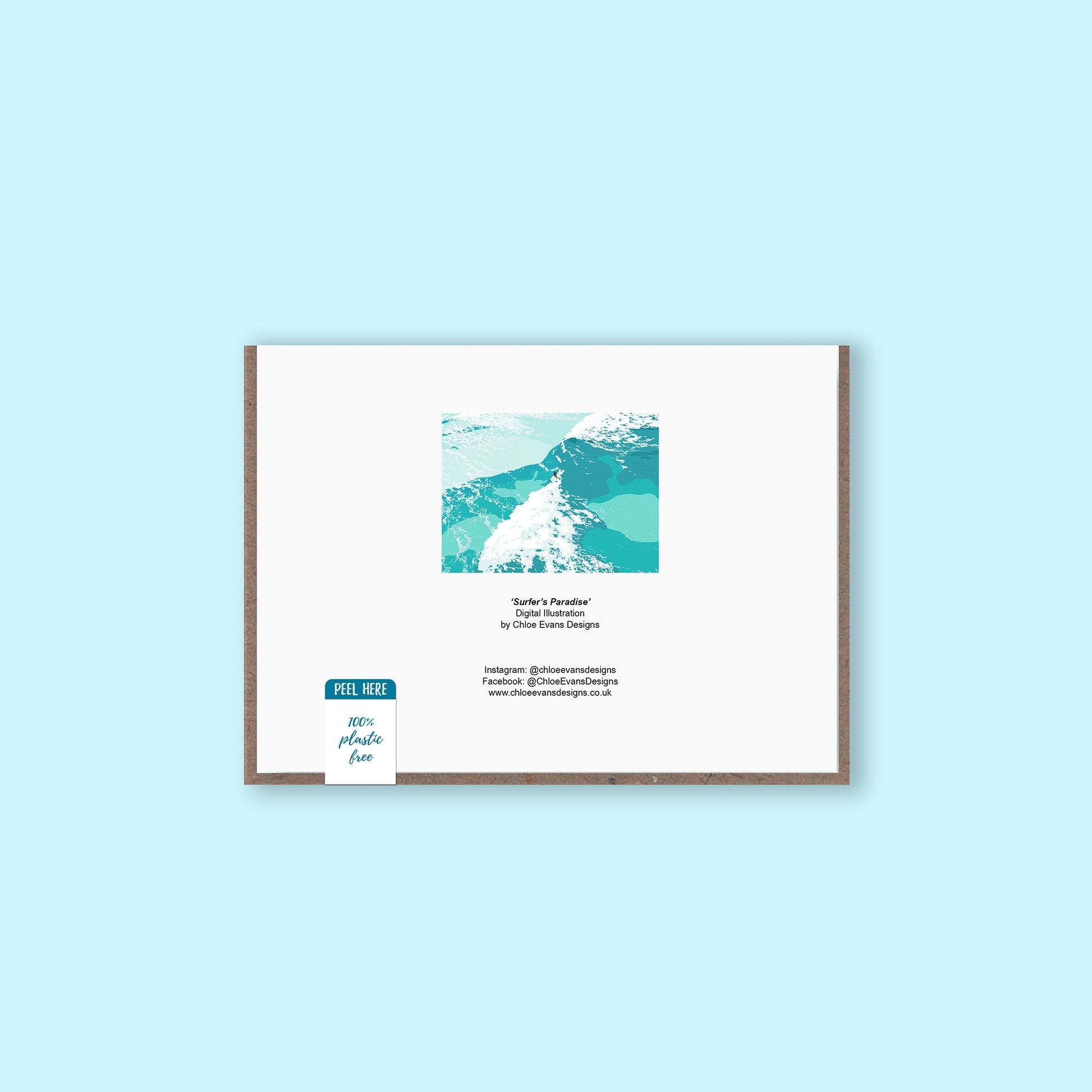 The back of a surfer greeting card with the design details on a light blue background