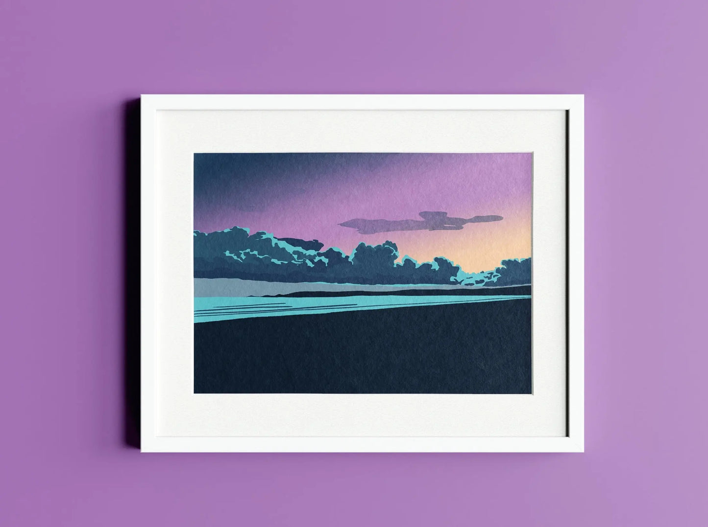 Digital mockup of Swansea Bay at Sunset print in white frame on purple wall background