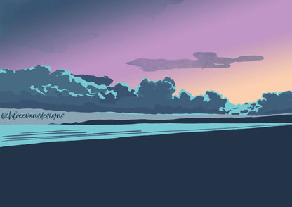 Purple and blue digital illustration of Swansea Bay at sunset