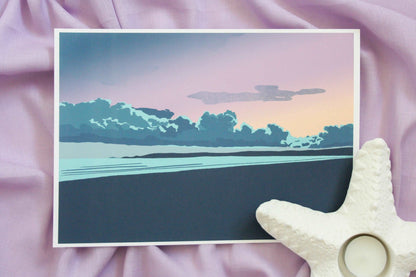 Photo of Swansea bay at sunset print on purple fabric backdrop with starfish tealight holder