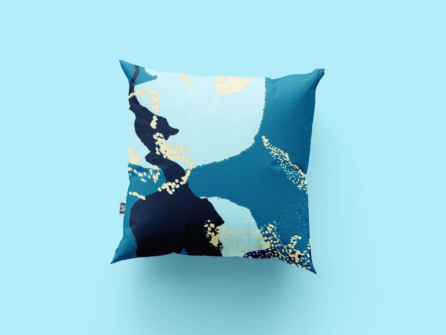 Digital mockup of teal and blue abstract printed cotton handmade cushion