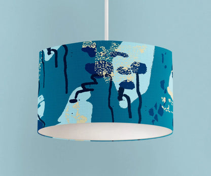 Digital mockup of 30cm teal and blue abstract handmade lampshade on pendant ceiling light 