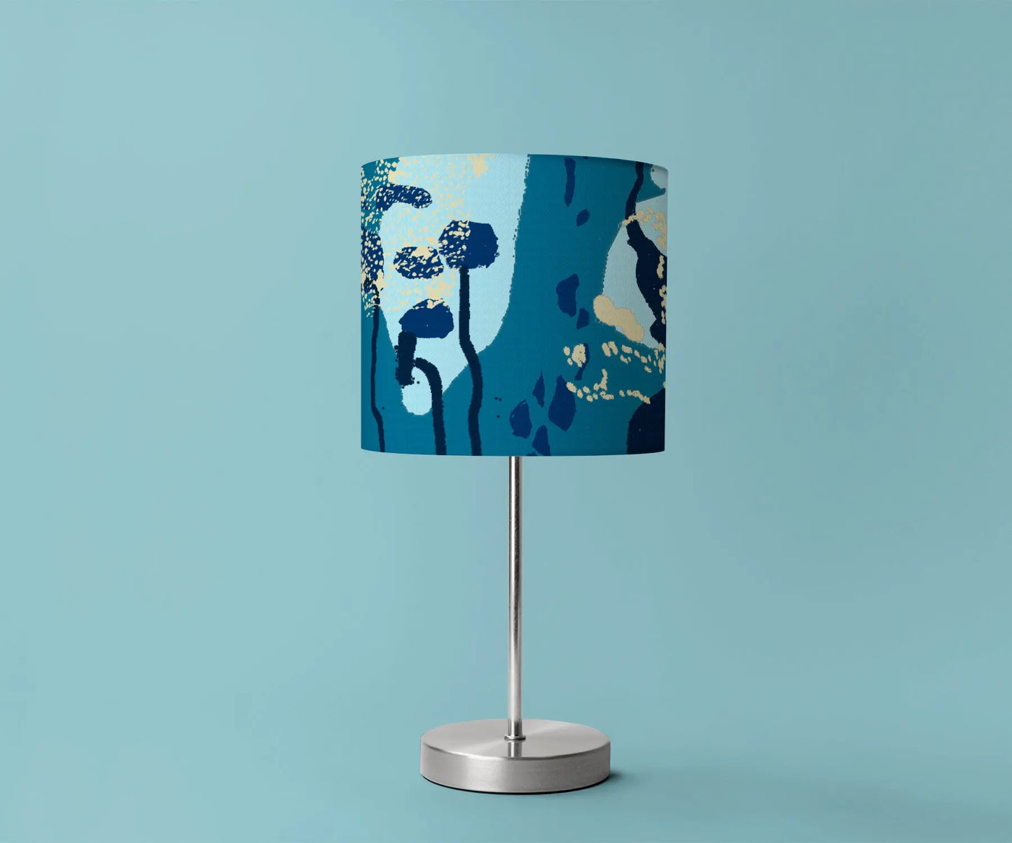 Digital mockup of 20cm teal and blue abstract handmade lampshade on silver table lamp