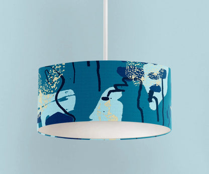 Digital mockup of 45cm teal and blue abstract handmade lampshade on pendant ceiling light