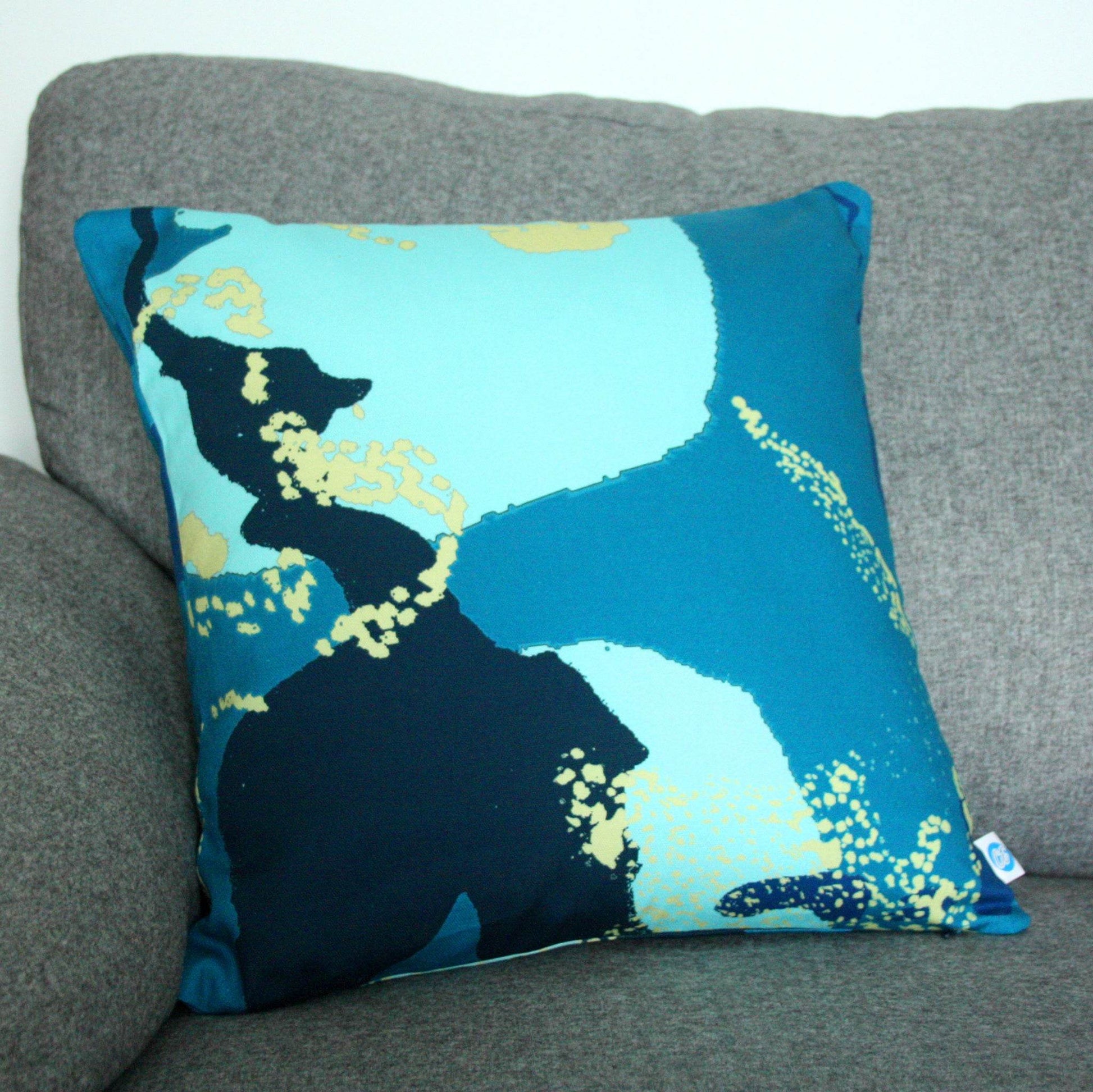 Teal Blue Abstract Coastal Cushion – 45cm Handmade Cotton Cushion - Chloe Evans Designs