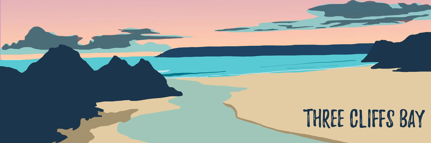 A blue, pink, and orange digital illustration of Three Cliffs bay at sunset, with the words 'Three Cliffs Bay' in the bottom right corner.