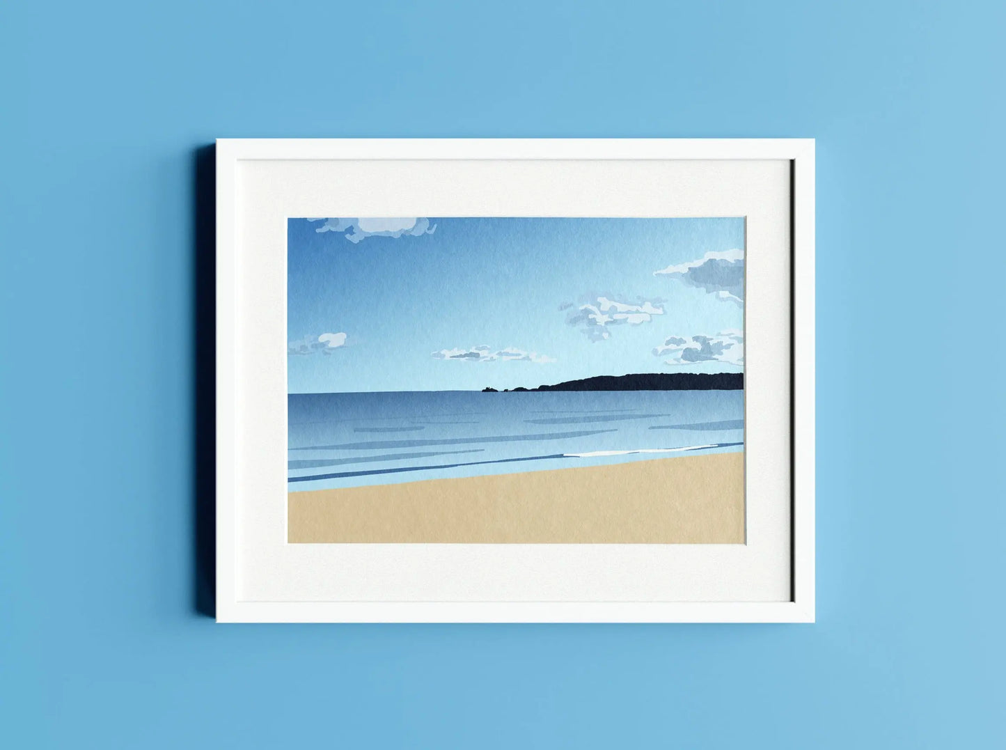 Digital mock up of blue Swansea bay print in white frame on blue wall backdrop