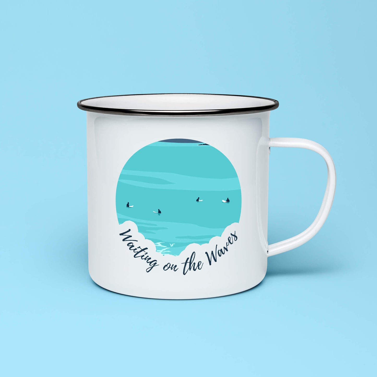 Surfer enamel mug with “Waiting on the Waves” text
