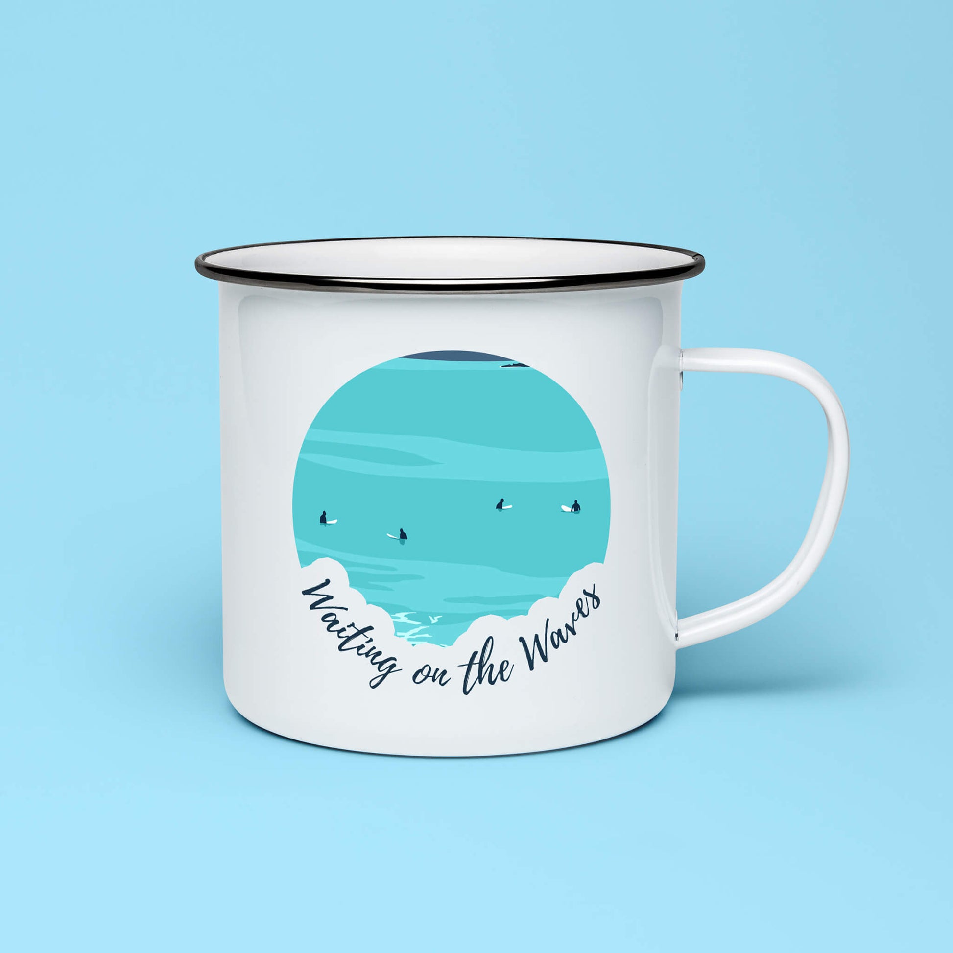 Surfer enamel mug with “Waiting on the Waves” text