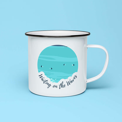 Surfer enamel mug with “Waiting on the Waves” text
