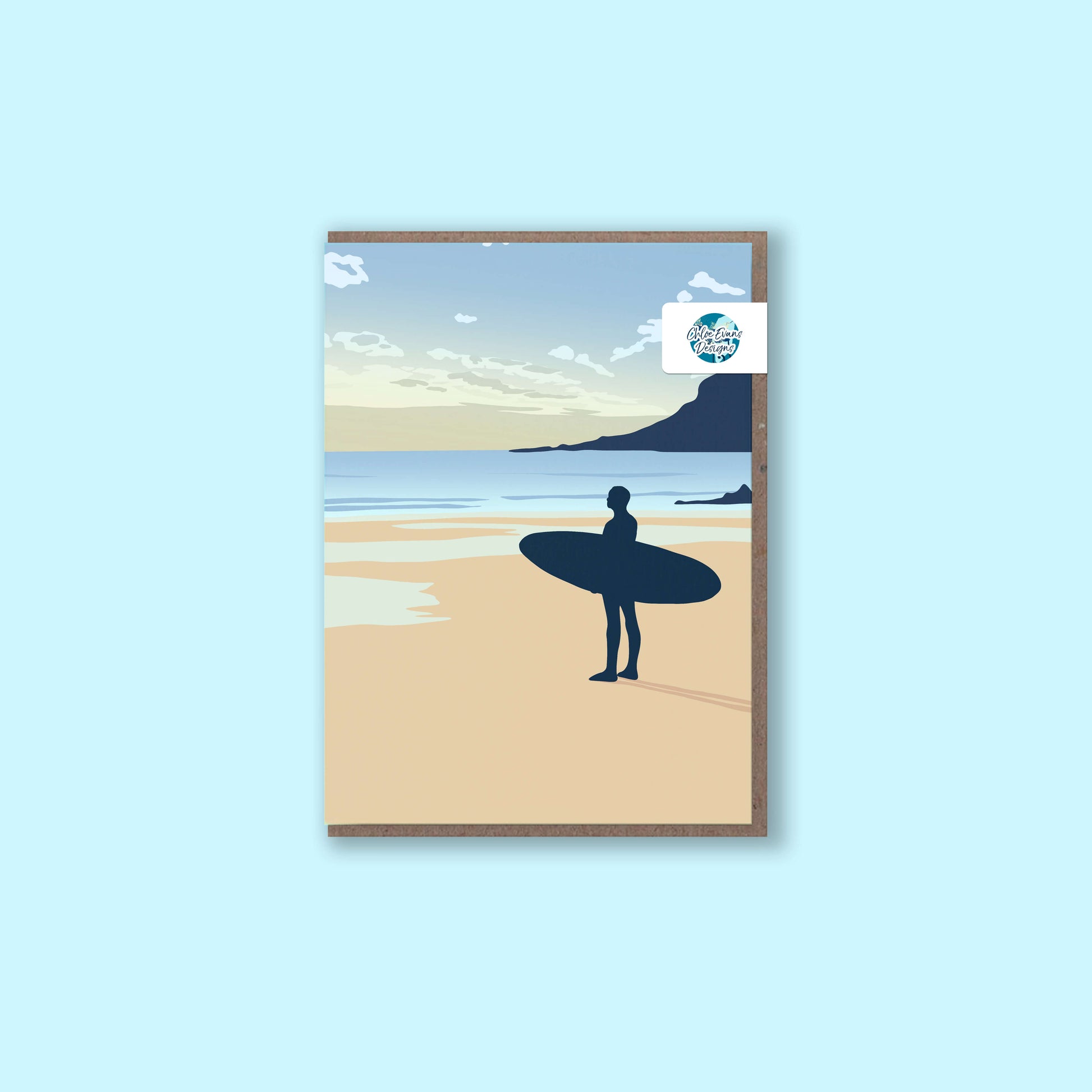 Wave watcher surfer greeting card with recycled kraft envelope and plastic free packaging