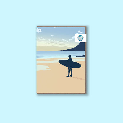 Wave watcher surfer greeting card with recycled kraft envelope and plastic free packaging