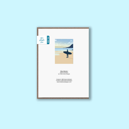 The back of a wave watcher surfer greeting card with recycled kraft envelope and plastic free packaging removable sticker