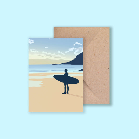 Greeting card featuring a surfer holding a board and watching the waves, illustrated by Chloe Evans Designs