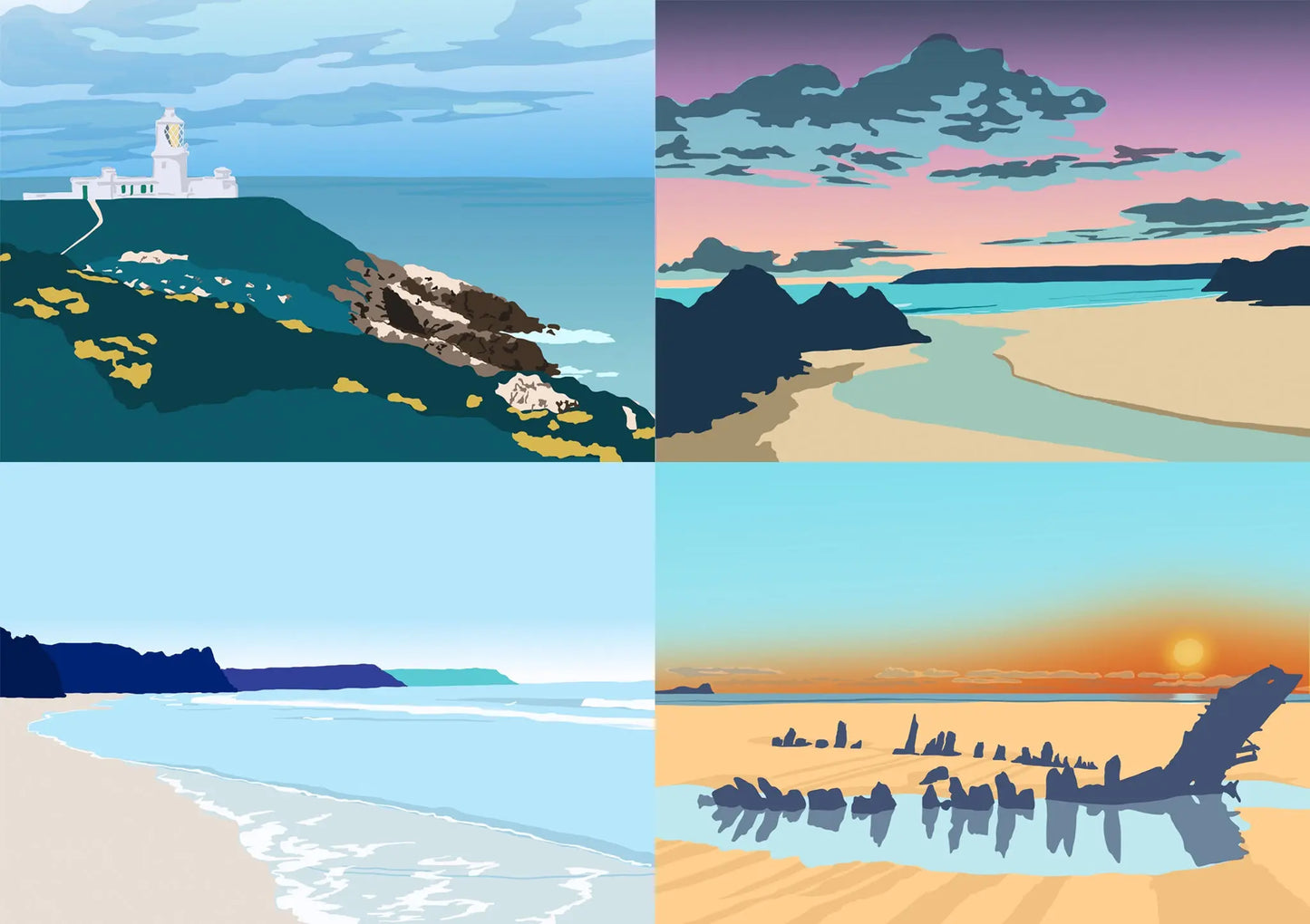 Four digital illustrations included in the bundle, including Strumble Head Lighthouse, Three Cliffs, Oxwich, and the Helvetia shipwreck at Rhossili