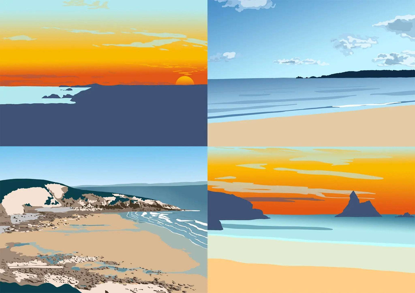 Four digital illustrations included in the bundle, including Newgale sunset, Swansea, Dunraven, and Broad Haven South sunset.