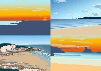 Four digital illustrations included in the bundle, including Newgale sunset, Swansea, Dunraven, and Broad Haven South sunset.