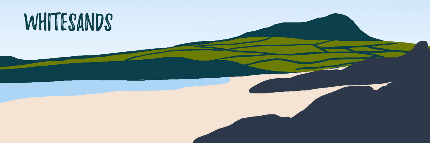 A green, blue and grey digital illustration of Whitesands beach.