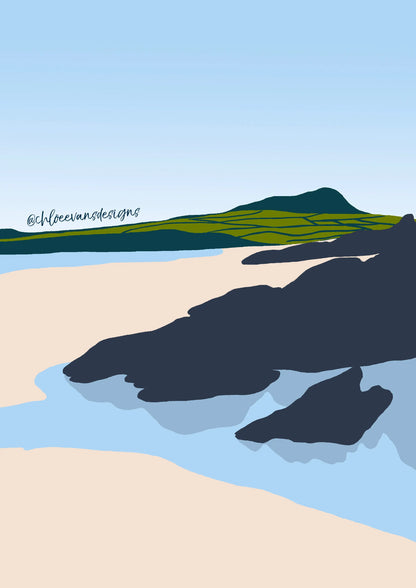 Blue, grey and green digital illustration of Whitesands beach, Pembrokeshire