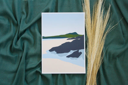 Photo of Whitesands beach print on green fabric backdrop and pampas grass