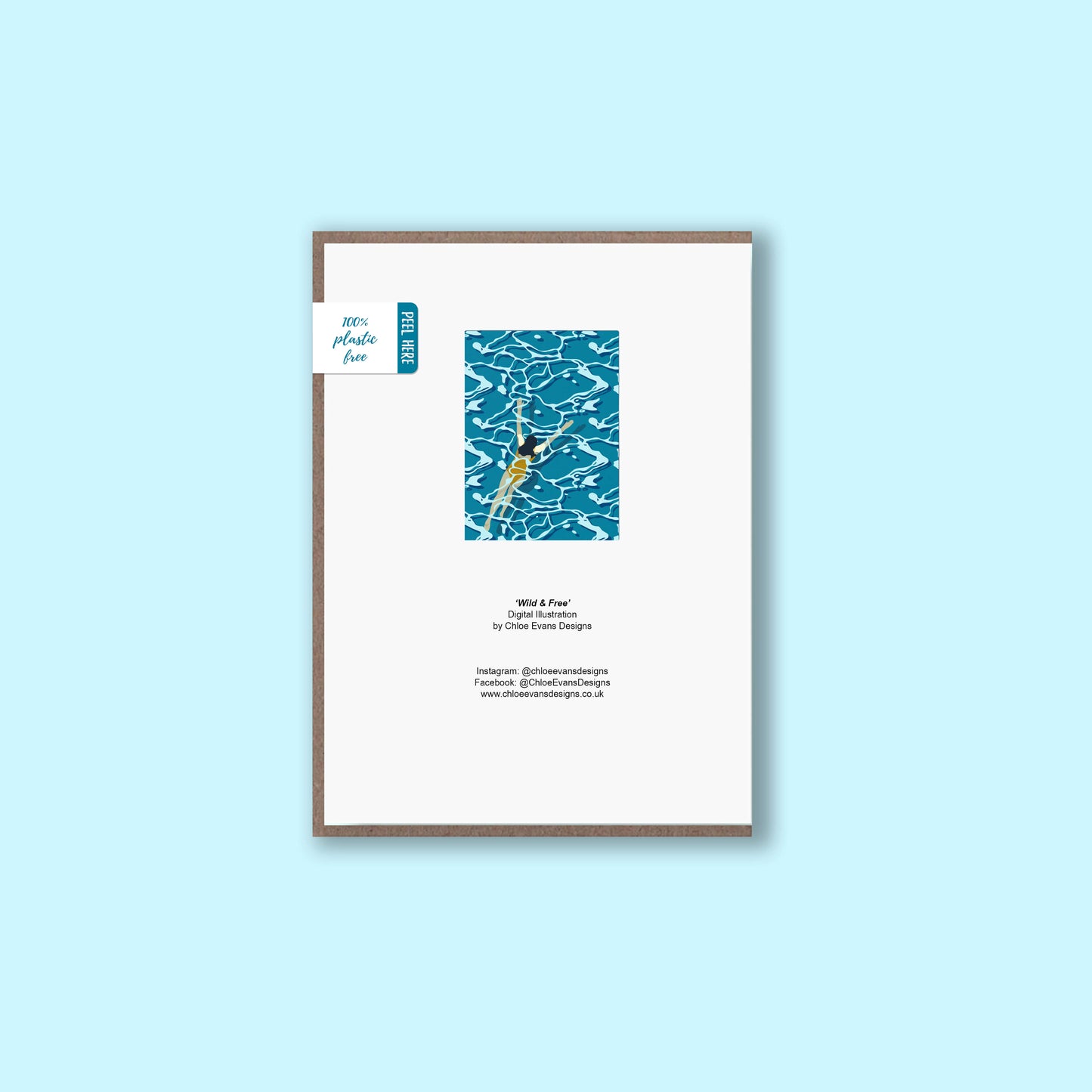 Back of a wild swimming A6 greeting card with recycled kraft envelope and plastic free packaging removable sticker