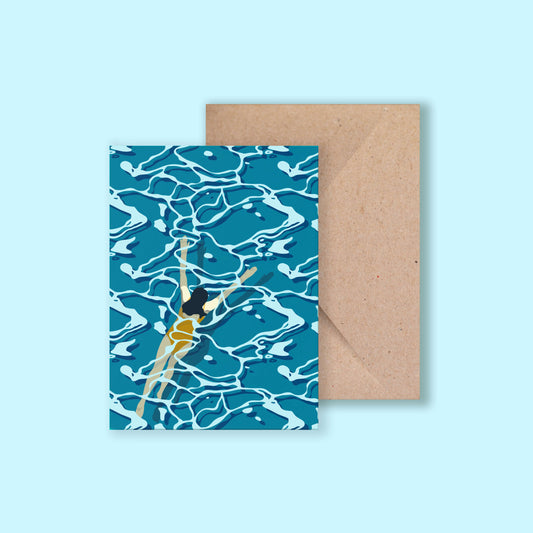 Greeting card featuring a wild swimmer gliding through rippled water, illustrated by Chloe Evans Designs