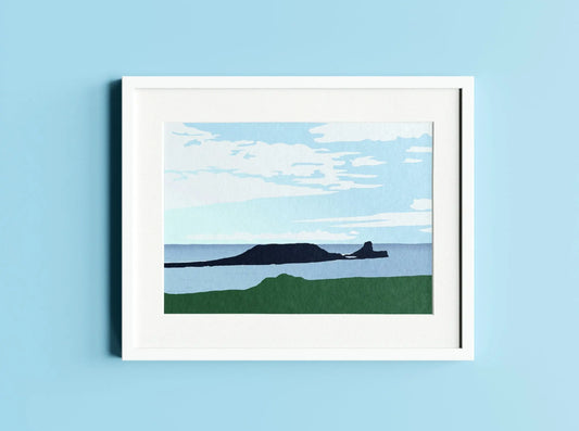 Digital mockup of blue and green Worm's Head print in white frame on blue wall background