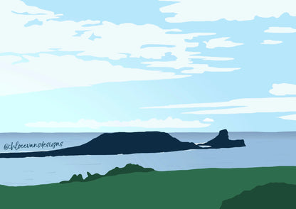 Blue and green digital illustration of Worm's Head print