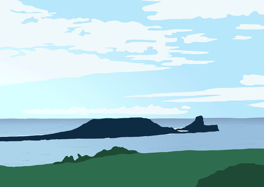 Worms Head Print – a detailed coastal illustration capturing the iconic Worms Head at Rhossili bay on the Gower coast.